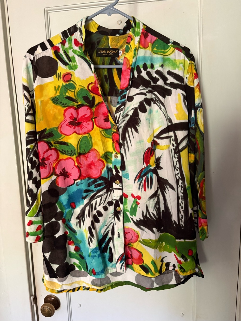 Jams World Women's Parrot Cove Hawaiian 3/4 Sleeves Blouse Vintage Size Small